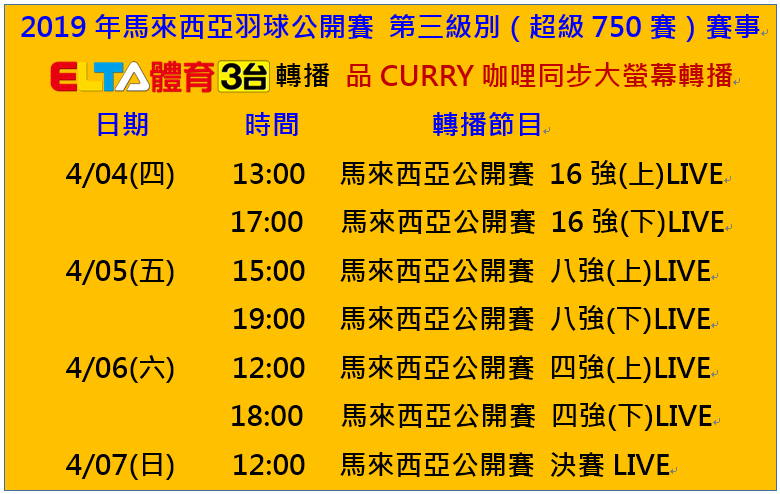 2019BWF馬來西亞羽球公開賽-賽事節目表